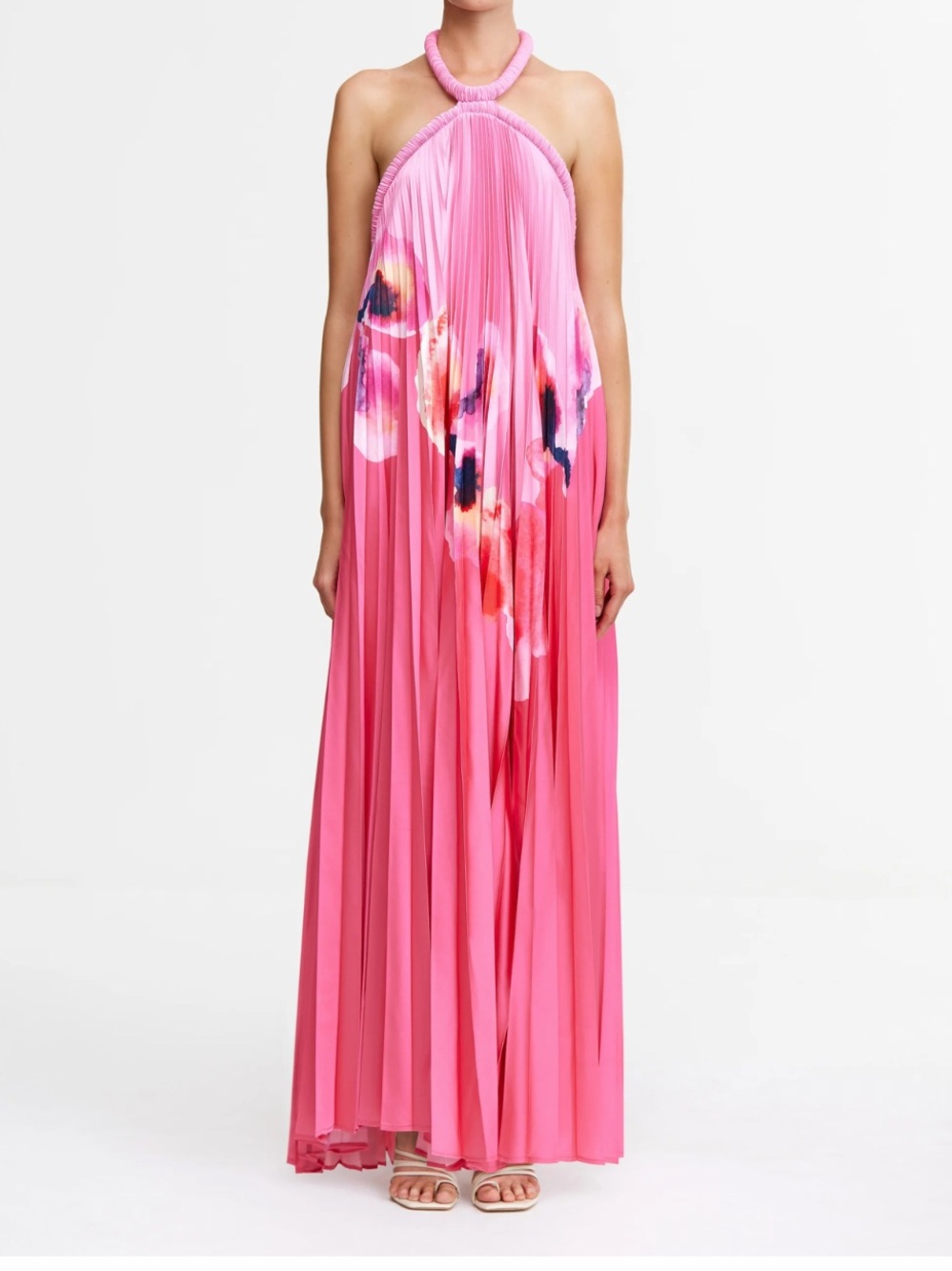 Acler Pink Pleated Halter Floral-Print Maxi Dress